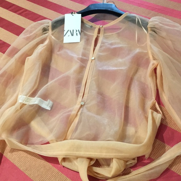 Zara See through puff sleeve nylon top with tie - Picture 9 of 9